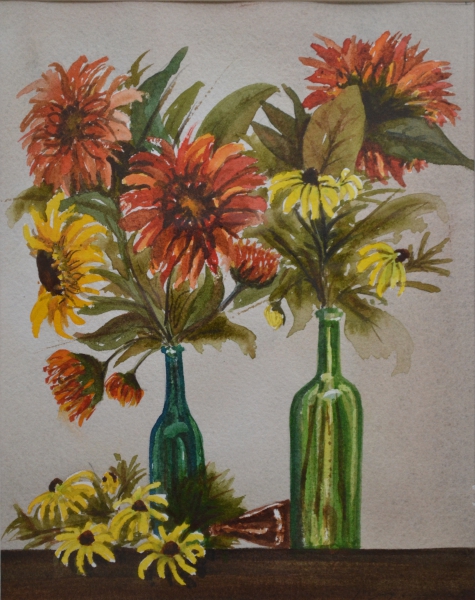 Click here to view Summer Bouquest + Wine Bottles by Lin Beribak